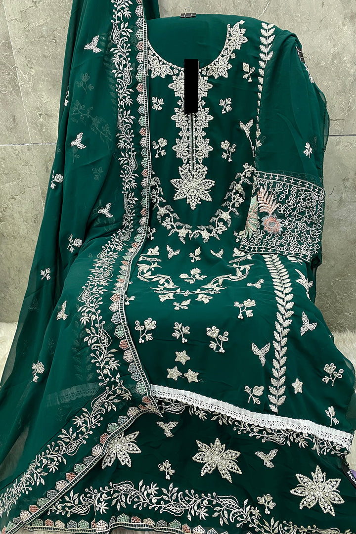 Long Pakistani Salwar Kameez Georgette Rama Moti Work With Beautiful Embroidery Dupatta-3