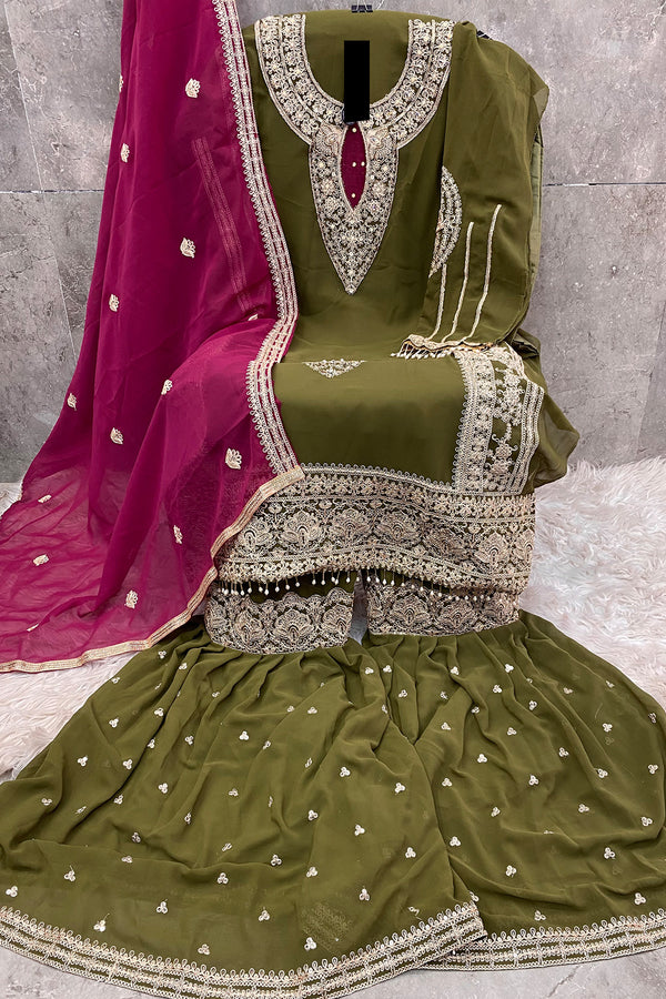 Luxury Mehndi Function Wear Pakistani Sharara Palazzo Salwar Kameez With Heavy Embroidery Contrast Dupatta-1