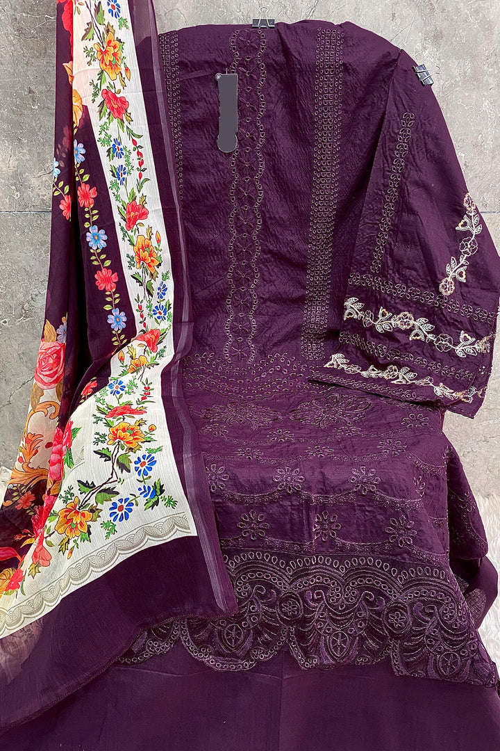 Luxury Pakistani Salwar Kameez Cotton Purple With Digital Printed Dupatta 3