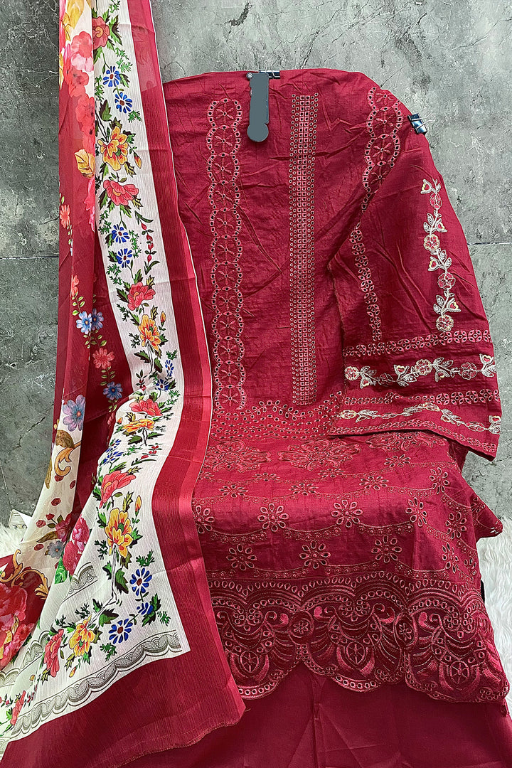 Luxury Pakistani Salwar Kameez Cotton Red With Digital Printed Dupatta 2