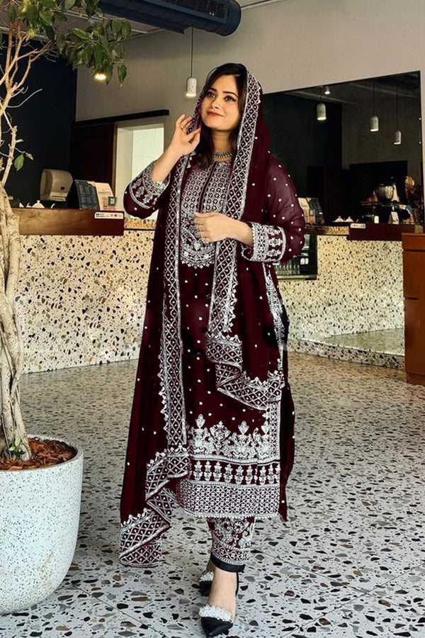 Maroon & Silver Front & Back Work Pakistani Salwar Kameez With Beautiful Embroidery Dupatta Work-1