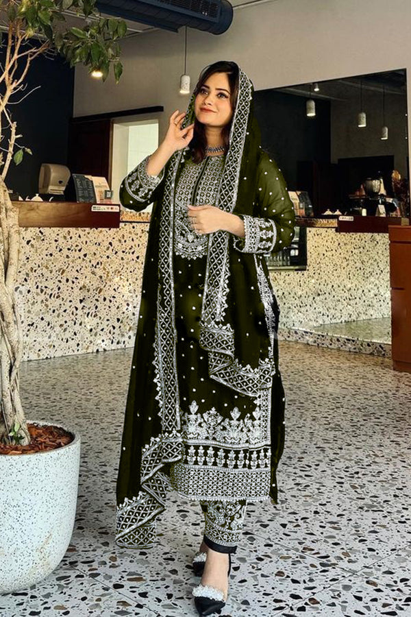 Mehndi & Silver Front & Back Work Pakistani Salwar Kameez With Beautiful Embroidery Dupatta Work-2
