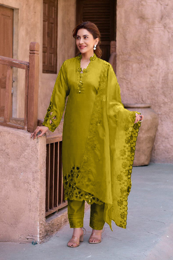 Fully Stitched Pakistani Lemon Salwar Kameez Crystal Viscose With Organza Dupatta Work