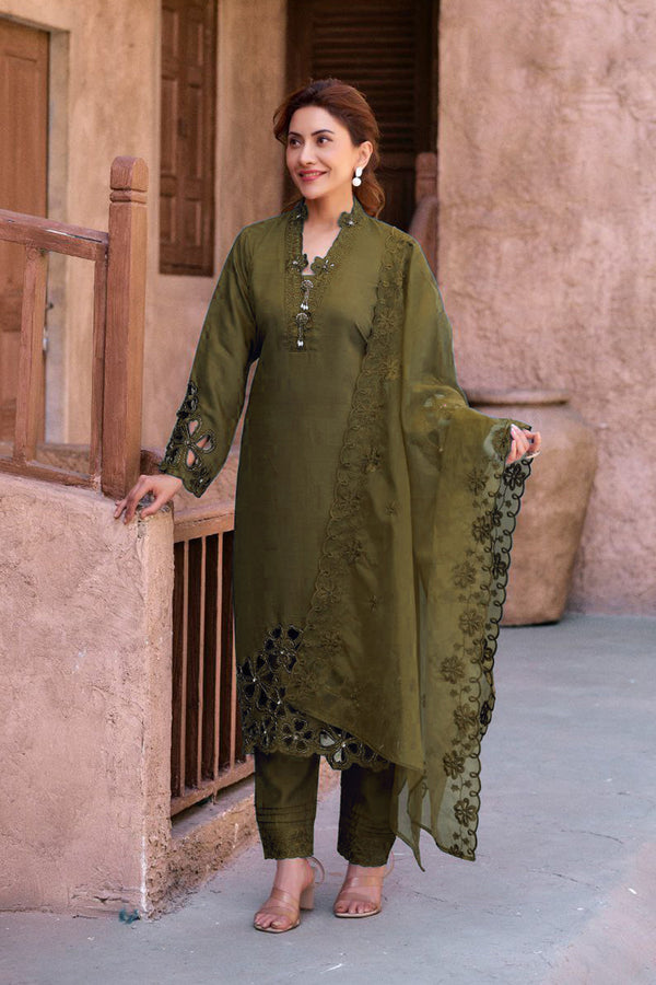 Fully Stitched Pakistani Mehndi Salwar Kameez Crystal Viscose With Organza Dupatta Work
