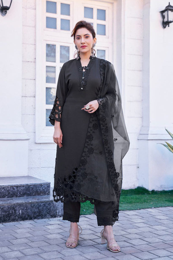 Fully Stitched Pakistani Black Salwar Kameez Crystal Viscose With Organza Dupatta Work