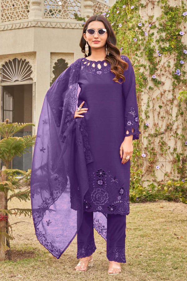 Readymade Beautiful Crystal Viscose Pakistani Purple Salwar Kameez With Organza Dupatta