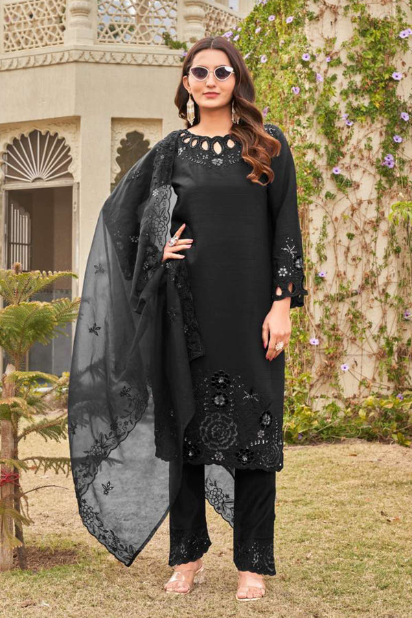 Readymade Beautiful Crystal Viscose Pakistani Black Salwar Kameez With Organza Dupatta