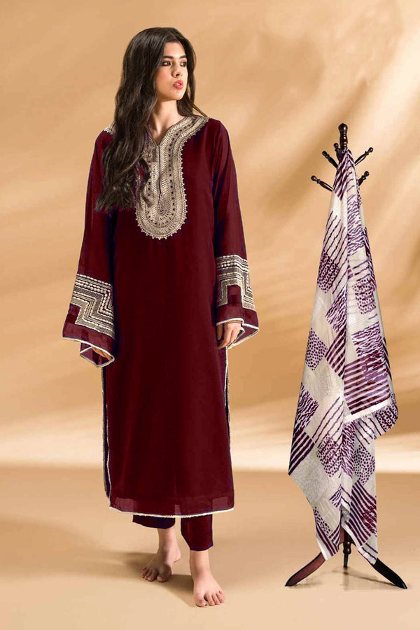 Summer Special Ready to Wear Maroon Embroidered Georgette Kurti With Digital Print Dupatta