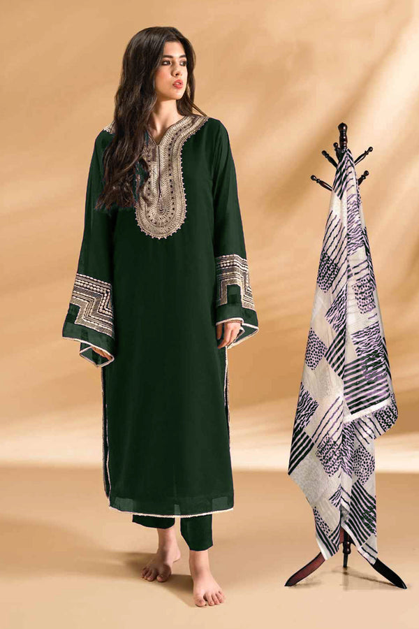 Summer Special Ready to Wear Green Embroidered Georgette Kurti With Digital Print Dupatta