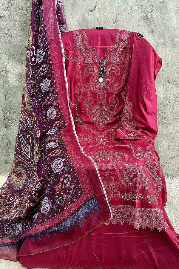 Luxury Rayon Pakistani Salwar Kameez Maroon With Naznin Digital Printed Dupatta