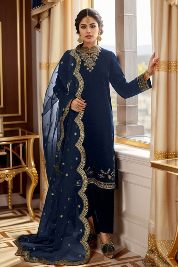 Navy Blue Pakistani Pure Velvet Front & Back Work Salwar Kameez With Heavy Net Dupatta-1