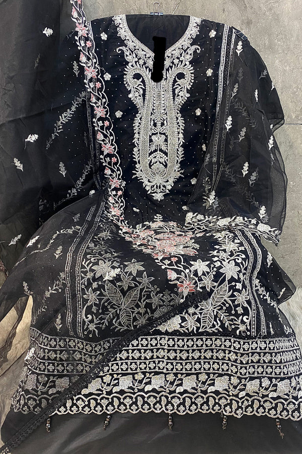 Pakistani Heavy Organza Black Salwar Kameez With Khatli Work & Organza Dupatta