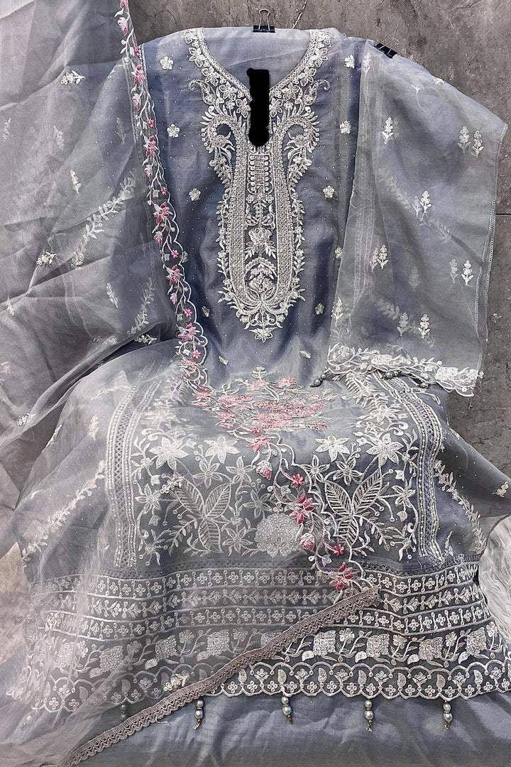 Pakistani Heavy Organza Grey Salwar Kameez With Khatli Work & Organza Dupatta-1