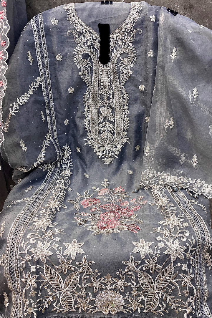 Pakistani Heavy Organza Grey Salwar Kameez With Khatli Work & Organza Dupatta