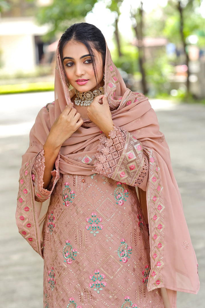 Pakistani New Tunic Collection Readymade Peach Color Salwar Kameez With Heavy Work Dupatta