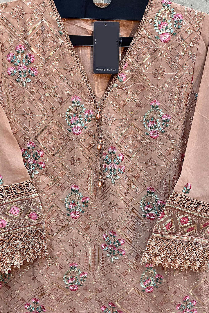 Pakistani New Tunic Collection Readymade Peach Color Salwar Kameez With Heavy Work Dupatta