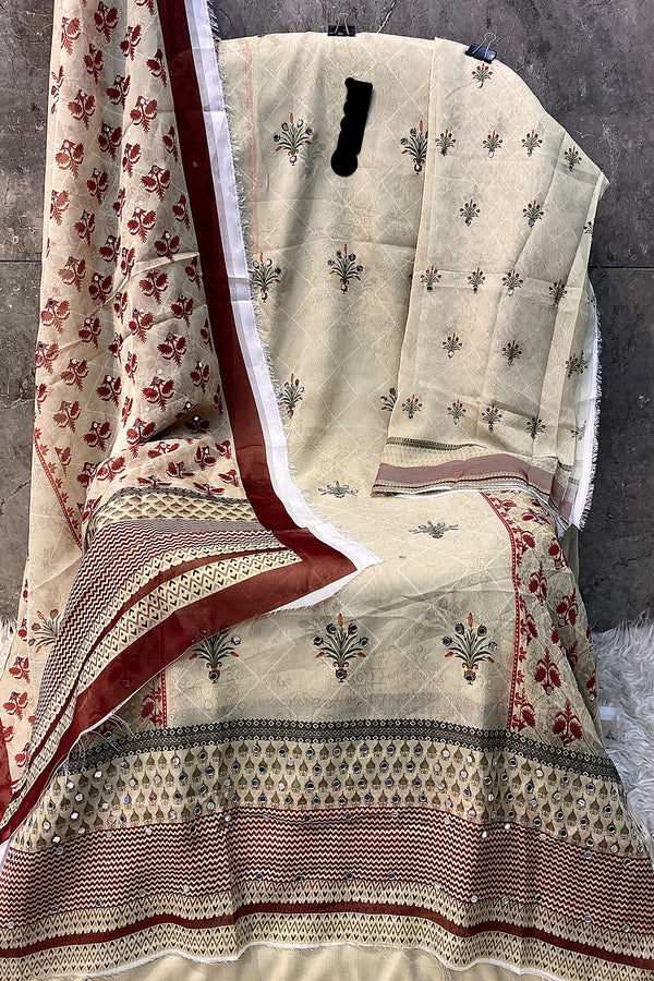 Pakistani Pista Front & Back Digital Printed Organza Salwar Kameez With Mirror Work And Colorful Dupatta