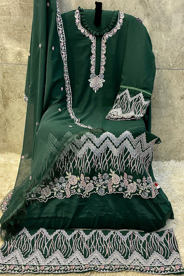 Pakistani Ramzan Special Heavy Georgette Salwar Kameez Bottle Green Moti Work With Beautiful Dupatta