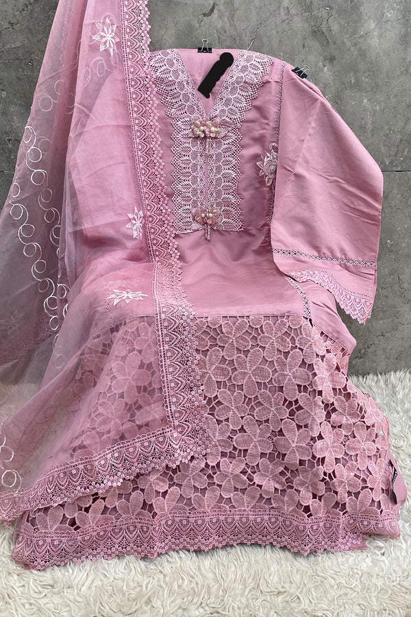 Pakistani Salwar Kameez Imported Korean Baby Pink With Beautiful Heavy Organza Dupatta
