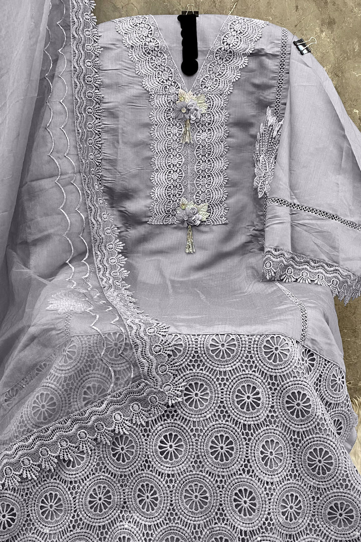 Pakistani Salwar Kameez Imported Korean Fabric Dark Grey With Beautiful Heavy Net Dupatta 