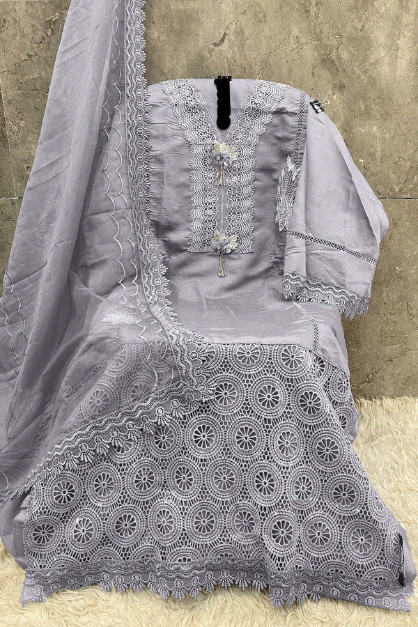 Pakistani Salwar Kameez Imported Korean Fabric Dark Grey With Beautiful Heavy Net Dupatta 1