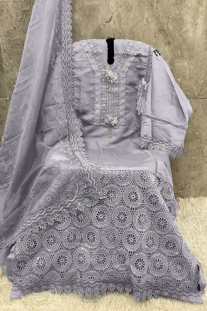 Pakistani Salwar Kameez Imported Korean Fabric Dark Grey With Beautiful Heavy Net Dupatta 1