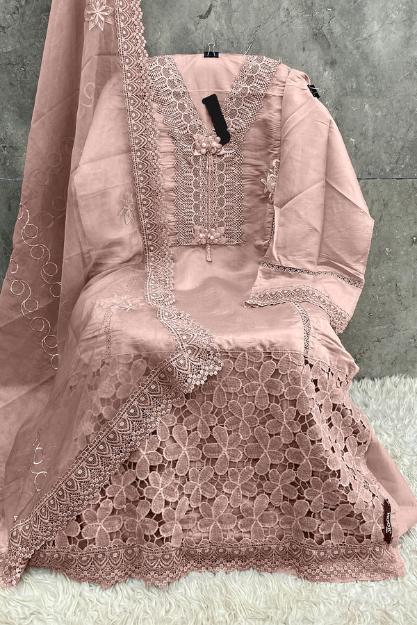 Pakistani Salwar Kameez Imported Korean Peach With Beautiful Heavy Organza Dupatta