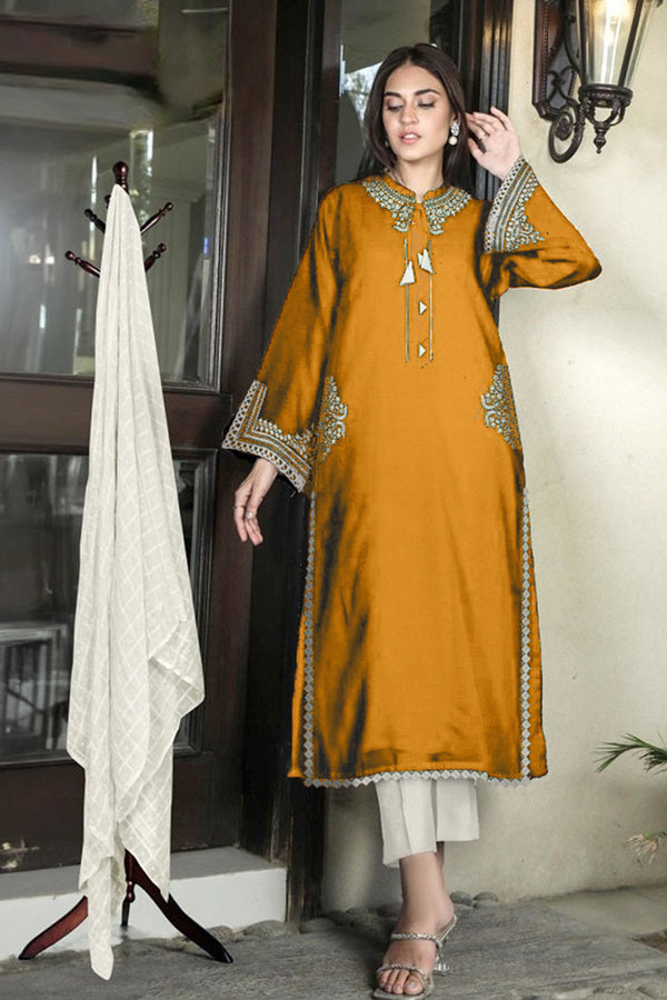 Pakistani Salwar Kameez Ready To Wear Yellow With Contrast Dupatta-2