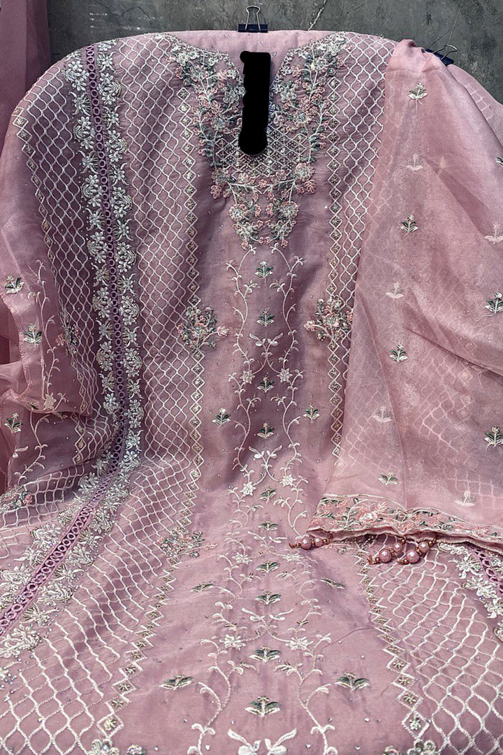 Pakistani Style Organza Baby Pink Salwar Kameez Khatli Work With Organza Dupatta Work