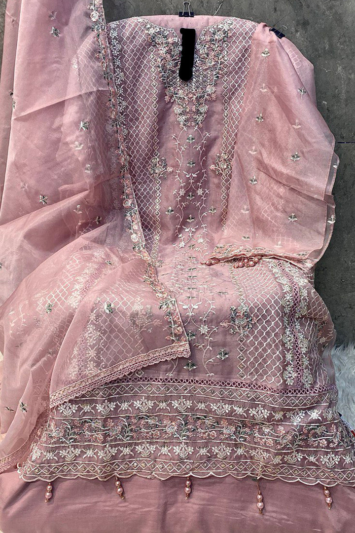 Pakistani Style Organza Baby Pink Salwar Kameez Khatli Work With Organza Dupatta Work 1