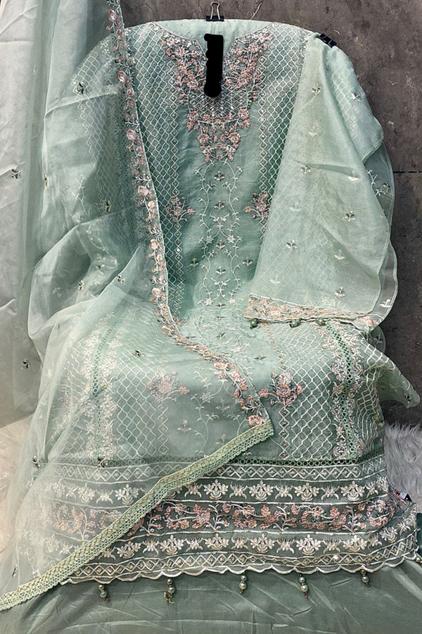 Pakistani Style Organza Pista Salwar Kameez Khatli Work With Organza Dupatta Work 1