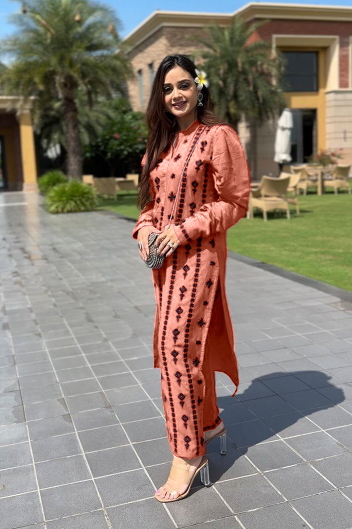 Pakistani Tunic Ready To Wear Peach Color Long Kurti And Pant Set 1