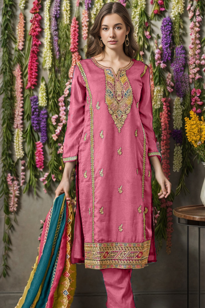 Party Wear Pink Pakistani Salwar Kameez With Multicolor Dupatta Work-2