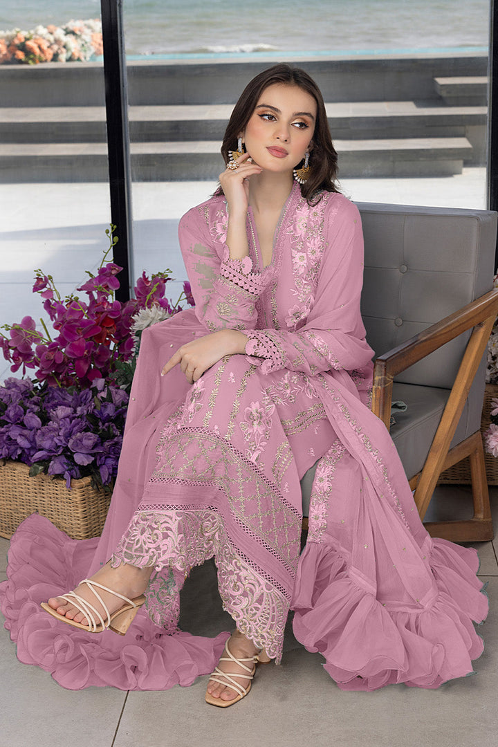 Pastel Rose Georgette Pakistani Salwar Kameez With Flair Net Dupatta 4