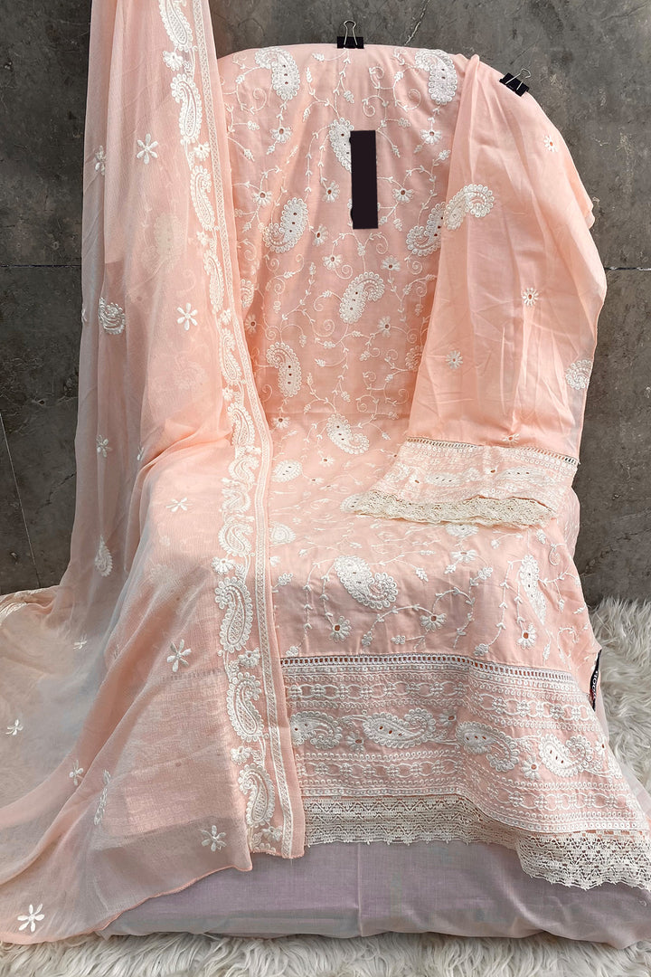 Peach Embroidered Pakistani Salwar Kameez Heavy Cotton With Attractive Naznin Dupatta