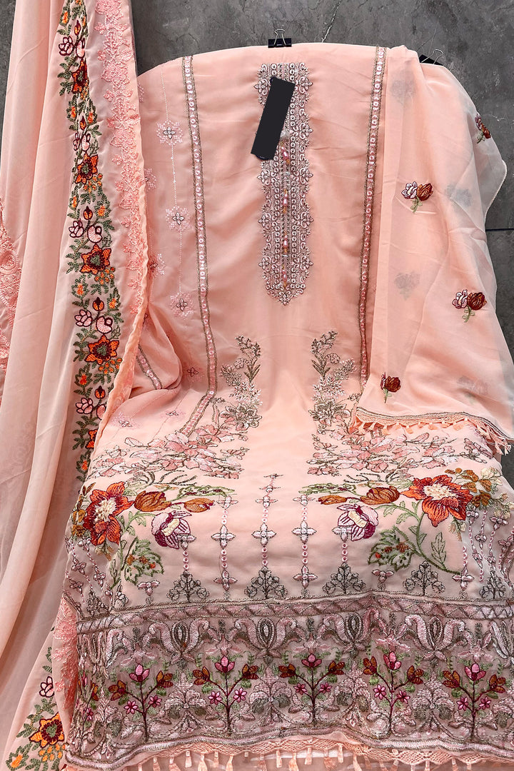 Peach Pure Georgette Designer Pakistani Salwar Kameez With Heavy Embroidered Dupatta