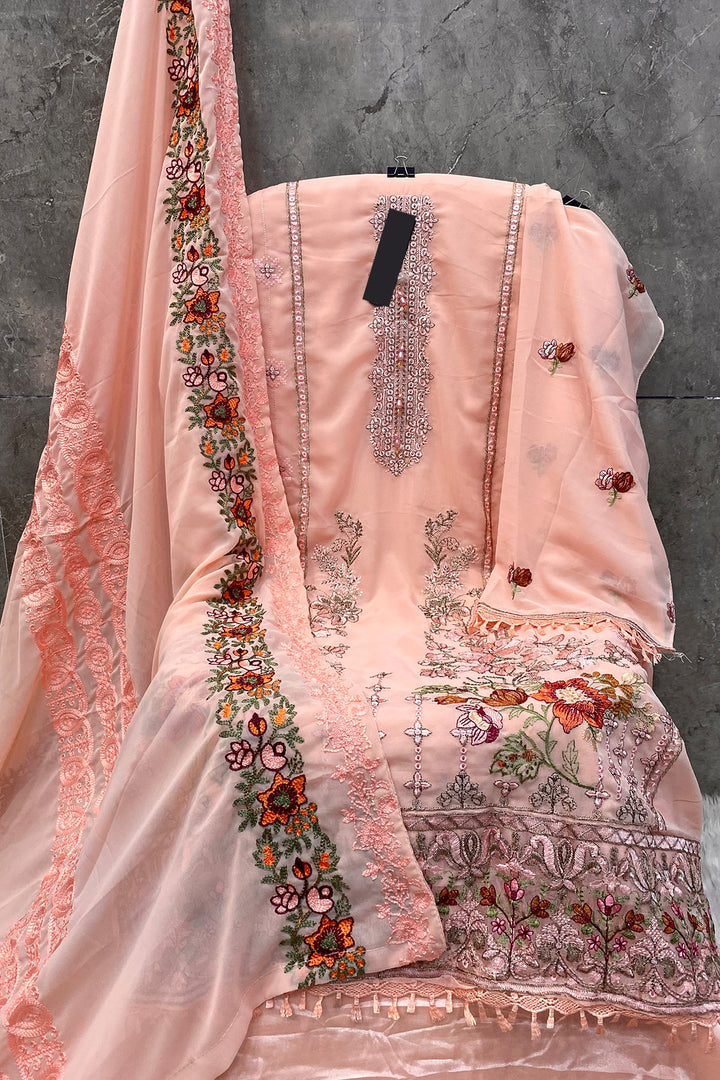 Peach Pure Georgette Designer Pakistani Salwar Kameez With Heavy Embroidered Dupatta 2