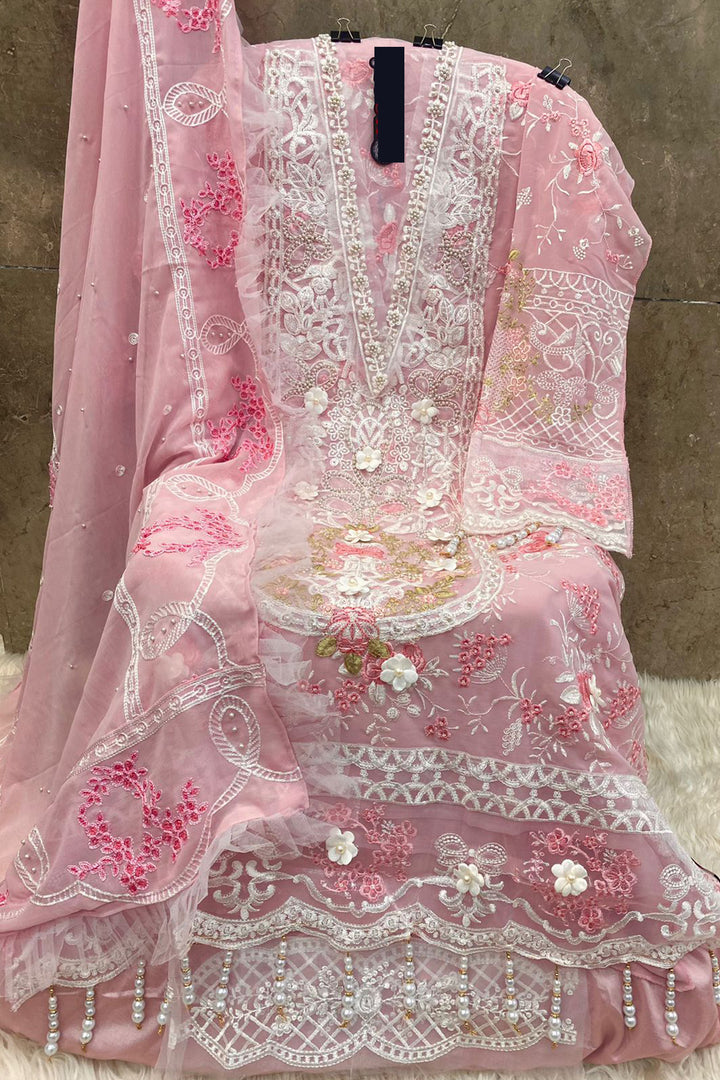 Pink Color Pakistani Salwar Kameez With Heavy Embroidery & Frill Work Dupatta 2