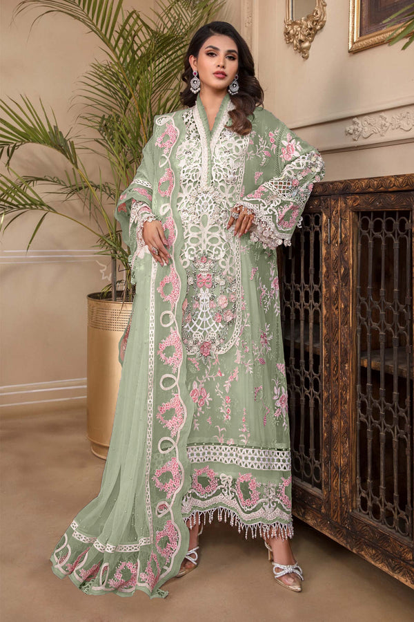 Pista Color Pakistani Salwar Kameez With Heavy Embroidery & Frill Work Dupatta 4