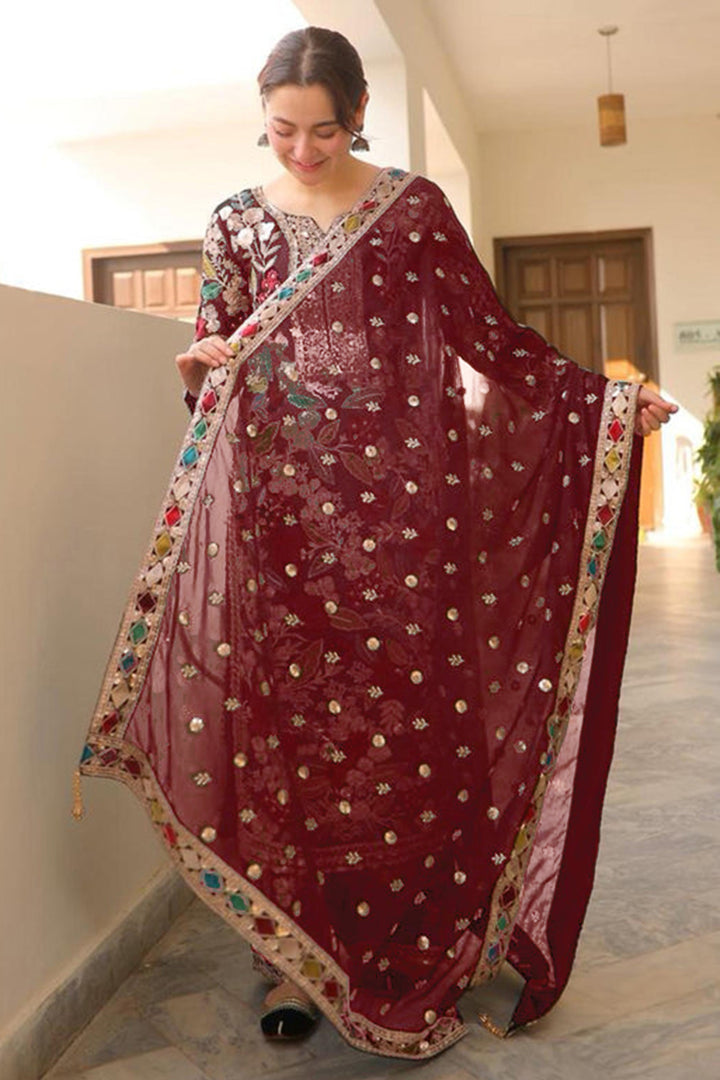 Premium Handwork Pakistani Salwar Kameez Maroon Color With Heavy Embroidery Less Work Dupatta-1