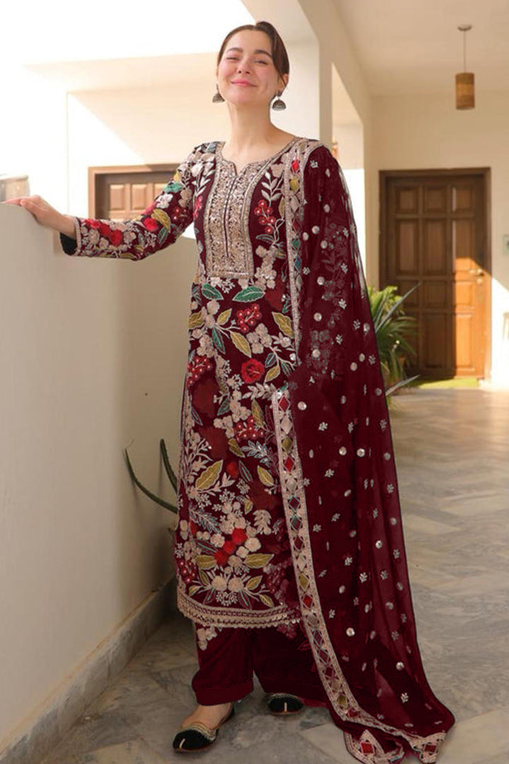 Premium Handwork Pakistani Salwar Kameez Maroon Color With Heavy Embroidery Less Work Dupatta-2