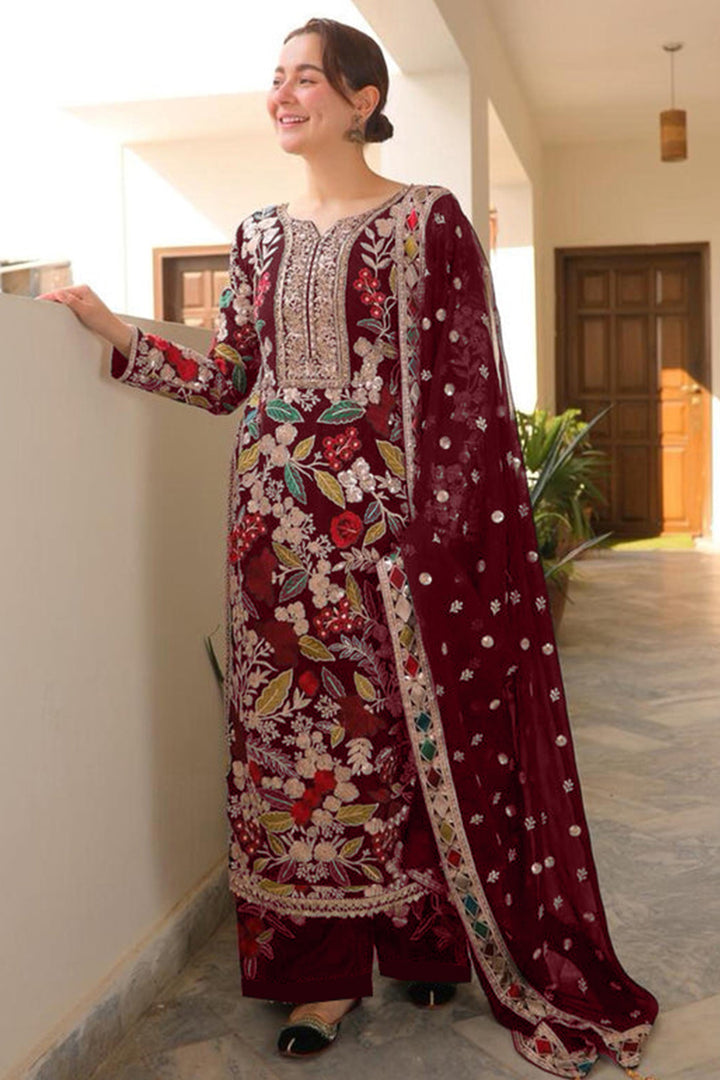 Premium Velvet Handwork Pakistani Salwar Kameez Maroon Color With Heavy Embroidery Work  Net Dupatta