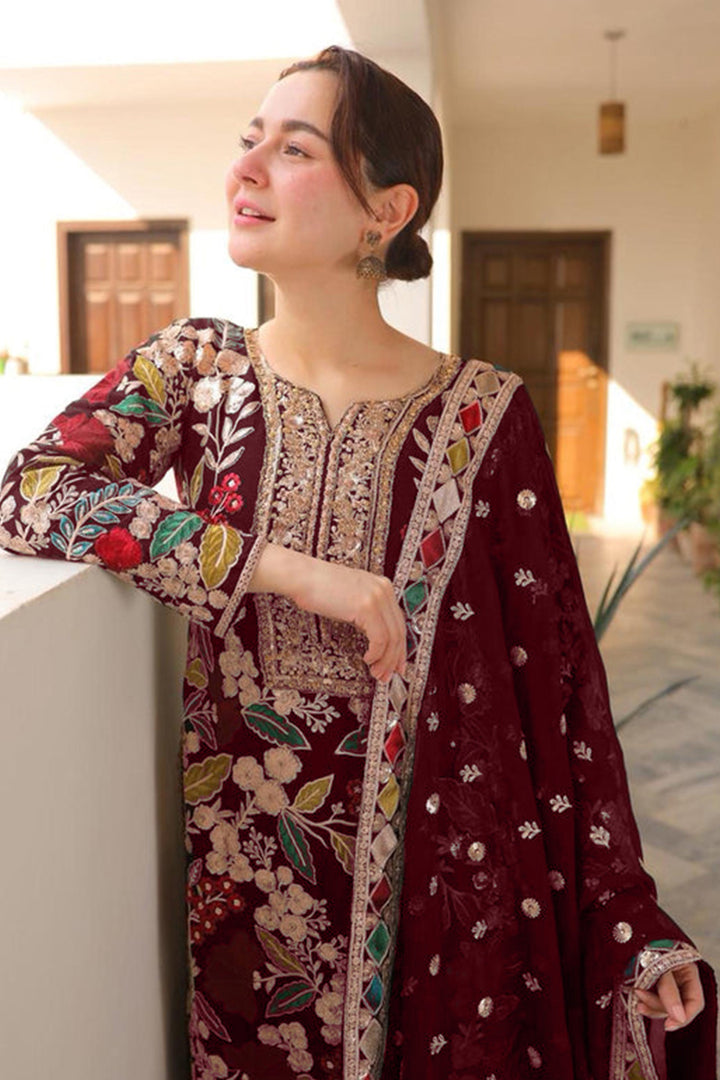 Premium Velvet Handwork Pakistani Salwar Kameez Maroon Color With Heavy Embroidery Work  Net Dupatta