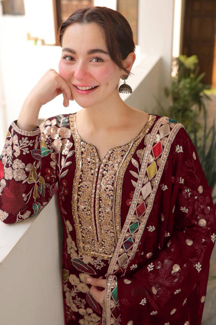 Premium Handwork Pakistani Salwar Kameez Maroon Color With Heavy Embroidery Less Work Dupatta