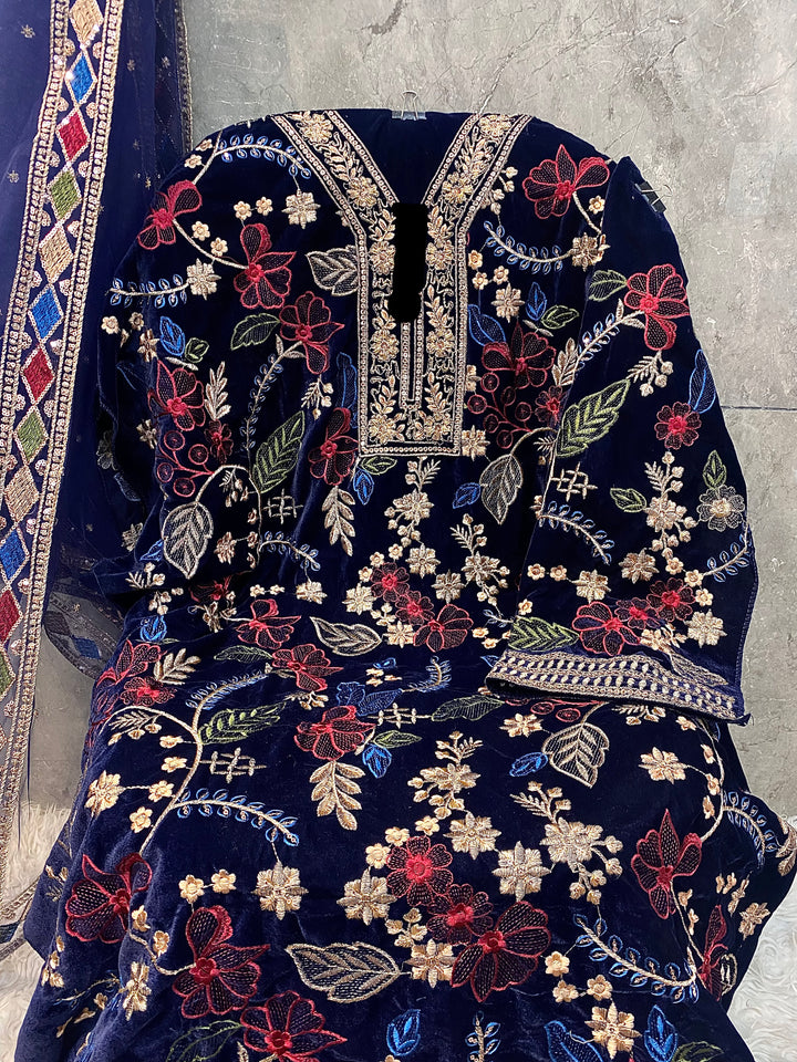Premium Velvet Handwork Pakistani Salwar Kameez Blue Color With Heavy Embroidery Work  Net Dupatta-1