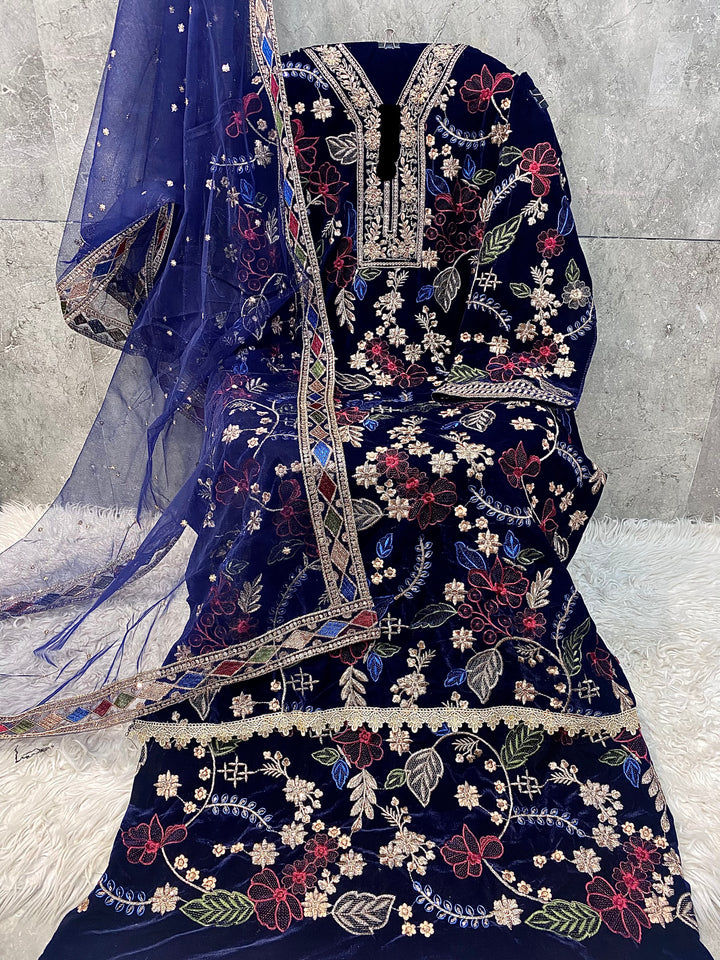 Premium Velvet Handwork Pakistani Salwar Kameez Blue Color With Heavy Embroidery Work  Net Dupatta