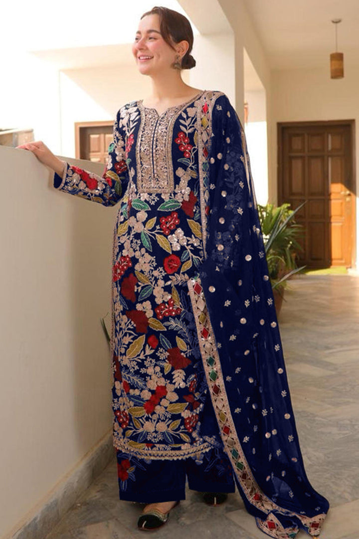 Premium Velvet Handwork Pakistani Salwar Kameez Blue Color With Heavy Embroidery Work  Net Dupatta 3