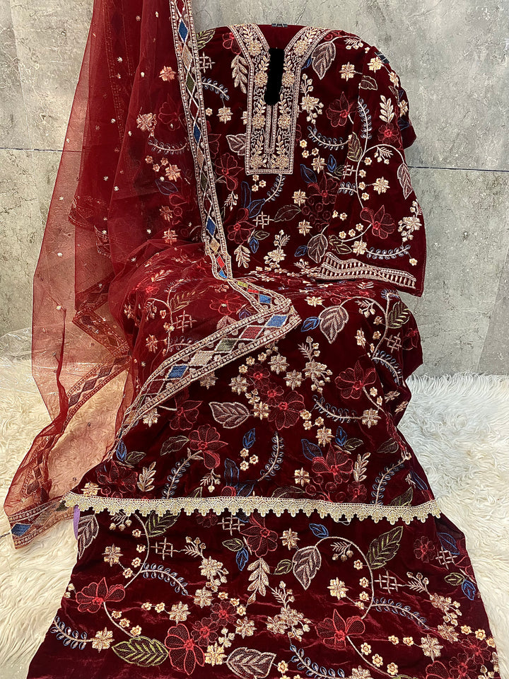 Premium Velvet Handwork Pakistani Salwar Kameez Maroon Color With Heavy Embroidery Work  Net Dupatta-1