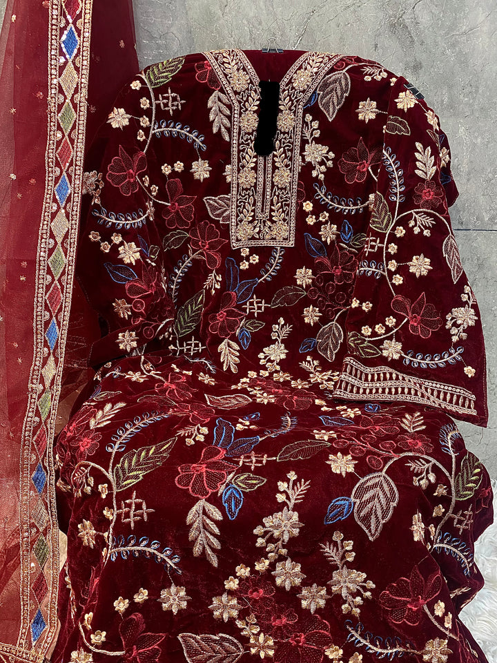 Premium Velvet Handwork Pakistani Salwar Kameez Maroon Color With Heavy Embroidery Work  Net Dupatta