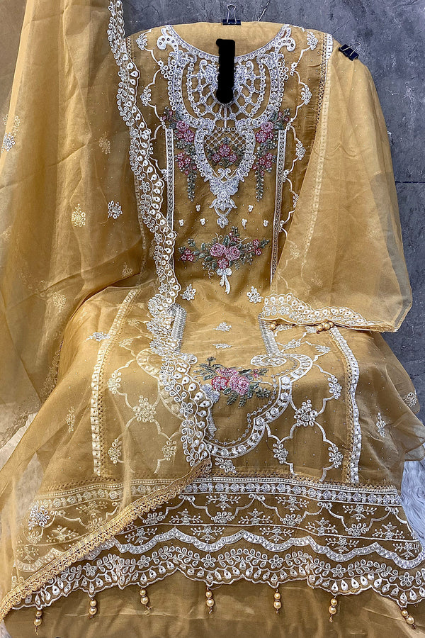 Pure Organza Pakistani Salwar Kameez Yellow With Khatli Work And Beautiful Organza Dupatta